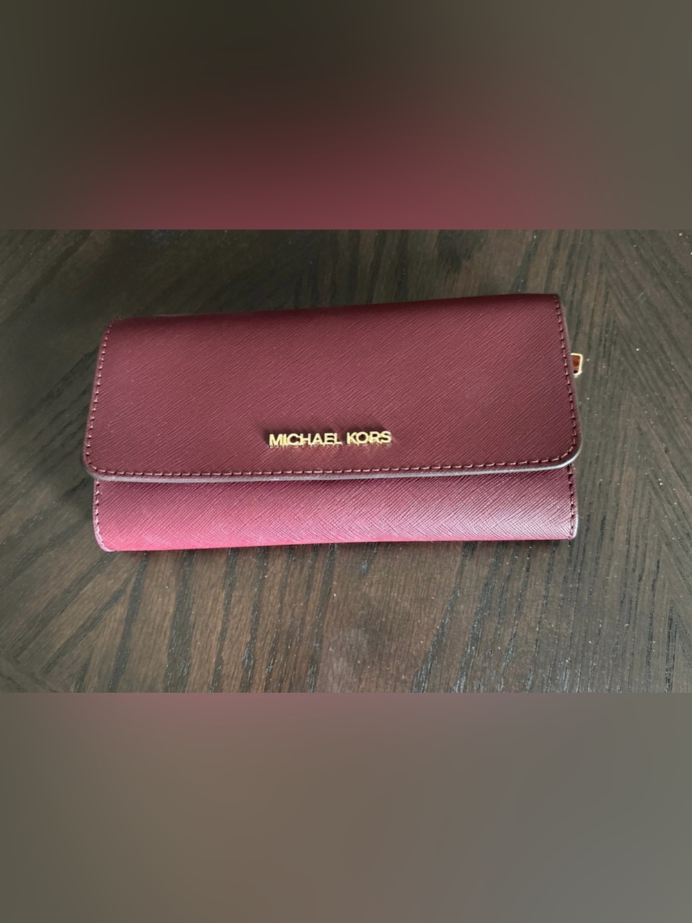 Michael Kors Wine Saffiano Leather Continental Wallet with Gold Logo